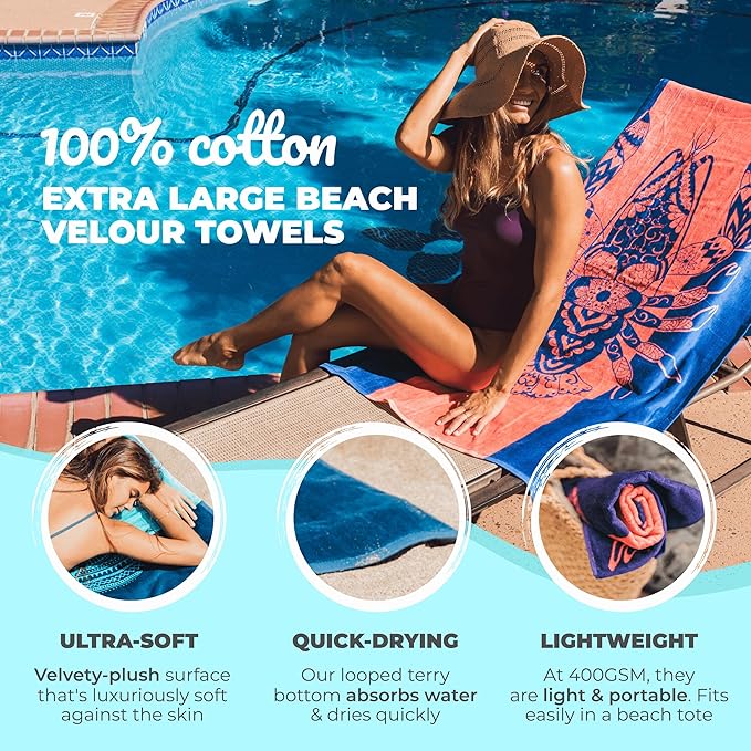Nova Blue Lobster Beach Towel (34 X 63) - Solid Color Beach Towel Made from 100% Cotton – Coral Stripe Large Beach Towels with Tropical Design – Extra Large, XL Beach Blanket