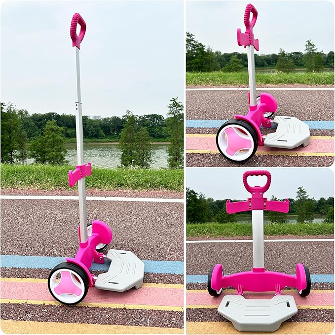 Rolling Backpack Cart, Foldable Aluminum Trolley with 3-Height Adjustable Handle, Lightweight All-Terrain Backpack Carrier for Travel, Commuting & Daily Use – Rose Pink, Quiet Large Wheels