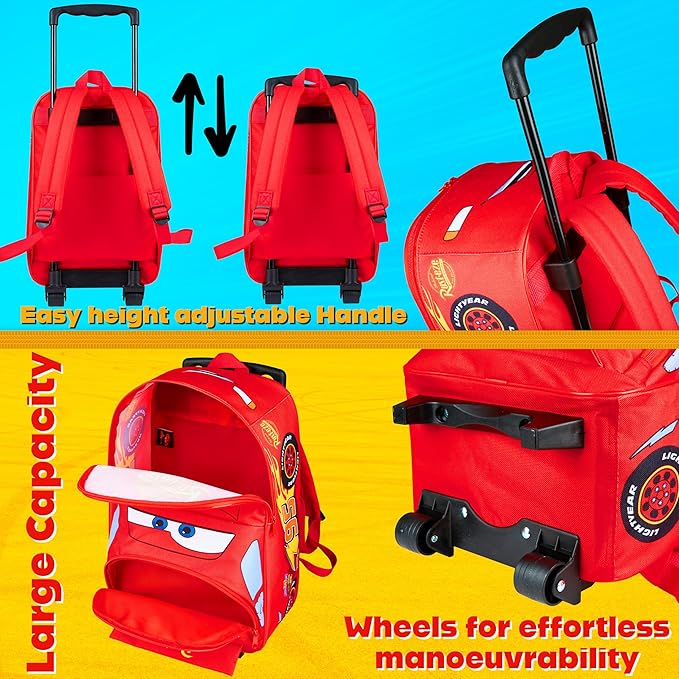 Disney Cars Lightning McQueen Carry-On Luggage with Wheels & Telescopic Handle for Kids 17”– 18.5L, Lightweight Travel Bag for Boys & Girls, Trips & Vacation Gifts