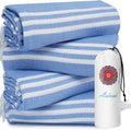 4 Pack Turkish Beach Towels Vacation Essentials with Bag Quick Dry Sand Free Soft Absorbent Adult Bath Pool Swim Long Wide Stripe Towel Cloud Linen Sandfree Mat Summer Thing Lightweight Travel Blue