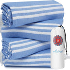 4 Pack Turkish Beach Towels Vacation Essentials with Bag Quick Dry Sand Free Soft Absorbent Adult Bath Pool Swim Long Wide Stripe Towel Cloud Linen Sandfree Mat Summer Thing Lightweight Travel Blue