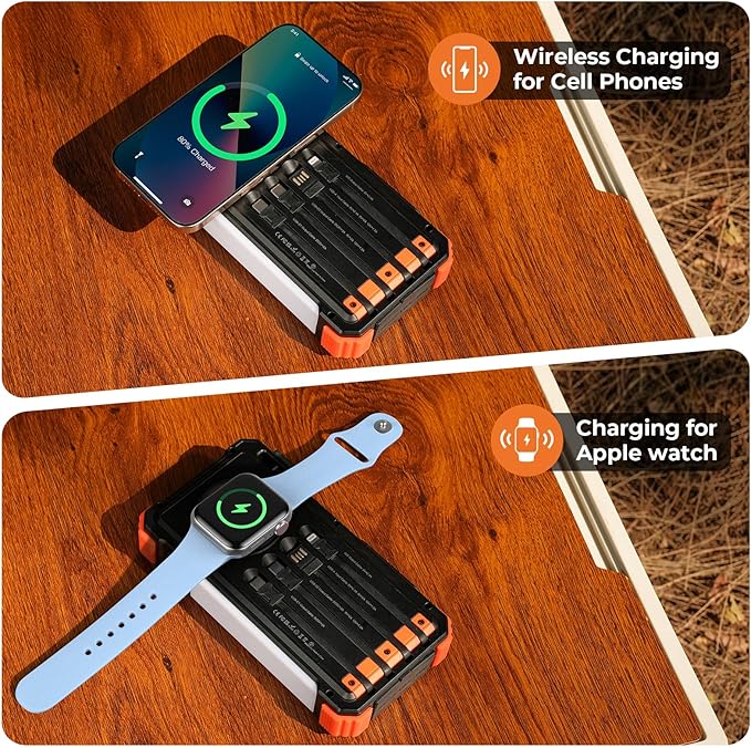 BLAVOR Solar Power Bank 20000mAh Built-in Cables, Wireless Charger for Phones & Apple Watch, 20W Fast Charging Battery Pack with USB C, Flashlight, Solar Charger for iPhone, iPad, iWatch, Samsung