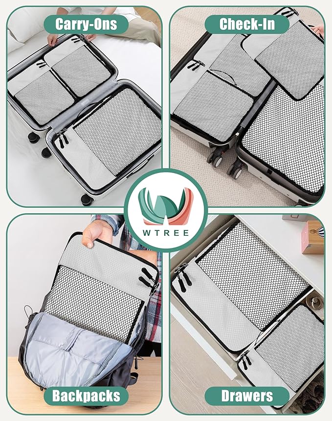 WTREE 4-Piece Packing Cubes Travel Accessories Set for Suitcases - Luggage Organizer Bags with Double Zipper - Mesh Top - Large - Beige