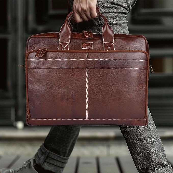 LEATHER VILLAGE 18" Leather Laptop Messenger Briefcase Bag for Men-Leather Satchel for Travel and Office Shoulder Bag-Red Brown