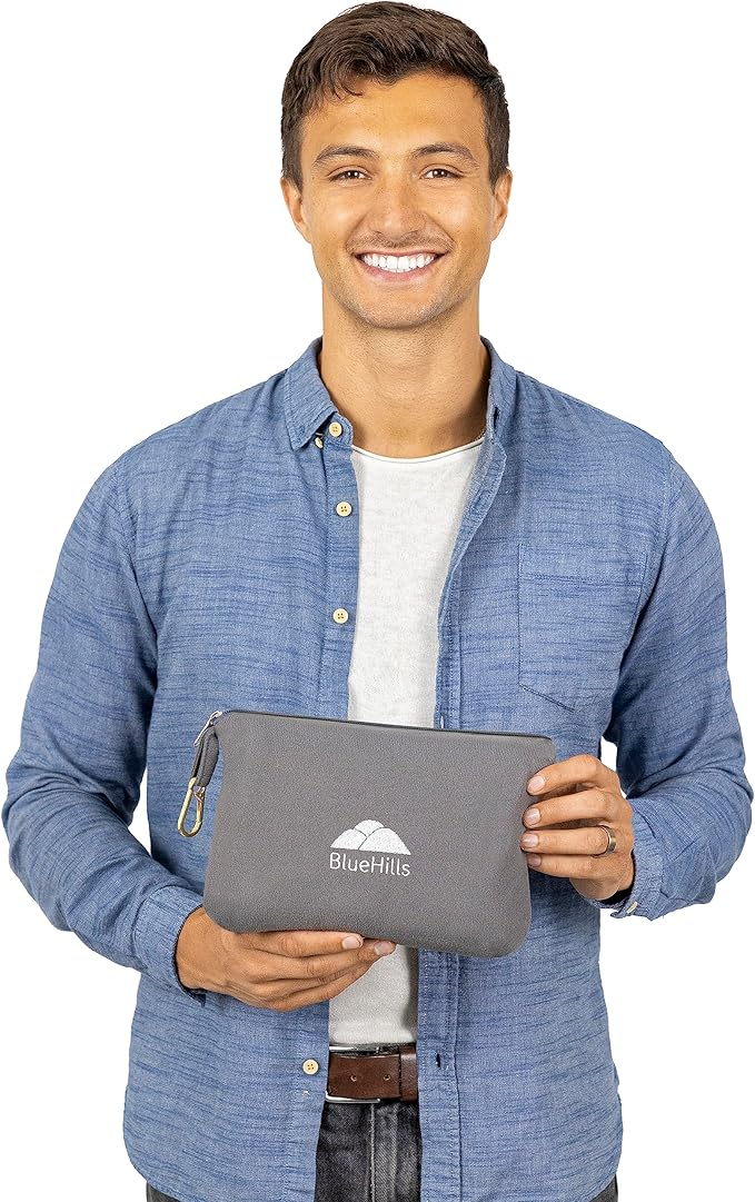 BlueHills Lightweight Travel Blanket Pillows Compact for Two Airplane Traveling Essentials Flight Throws in Bag case with Backpack Clip Compact Large Plane Accessories – Gray and Navy Blue