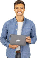 BlueHills Lightweight Travel Blanket Pillows Compact for Two Airplane Traveling Essentials Flight Throws in Bag case with Backpack Clip Compact Large Plane Accessories – Gray and Navy Blue