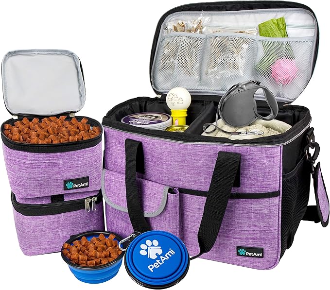 PetAmi Dog Travel Bag, Travel Pet Bag Organizer, Dog Food Travel Bag with Container Collapsible Bowls, Pet Travel Supplies Gift Accessories for Weekend Camping, Puppy Cat Diaper Bag, Purple Medium