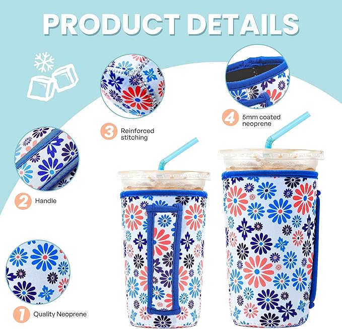 KJQJLY 3 Pack Reusable Iced Coffee Sleeves for Iced Coffee Cups or Drinks Reusable Neoprene Insulated Sleeves for Hot and Cold Drinks from Starbucks, Dunkin, And More (Blue Flower)