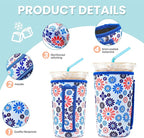 KJQJLY 3 Pack Reusable Iced Coffee Sleeves for Iced Coffee Cups or Drinks Reusable Neoprene Insulated Sleeves for Hot and Cold Drinks from Starbucks, Dunkin, And More (Blue Flower)