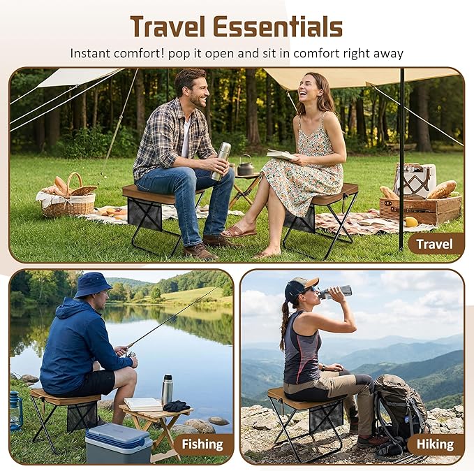 LiKiLiKi Extra Large Foldable Backpack Stool, Heavy Duty Thickened Collapsible Portable Pocket Chair, Compact Pocket Size Travel Seat for Hiking, Fishing, Picnic and Outdoor Activities (Brown)