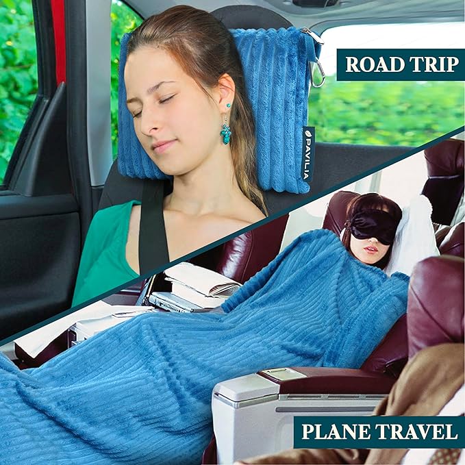 PAVILIA Travel Blanket Pillow in Soft Bag with Pockets, Airplane Blanket Set, Plane Blanket Compact Packable, Flight Essentials Car Pillow, Travelers Accessories Gifts, Luggage Strap, Turquoise