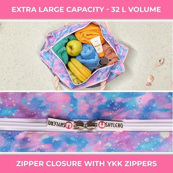 Beach Bag and Pool Bag Has Cooler Pocket, 7 Pockets Total, Zip Top. Family Size Waterproof Beach Tote