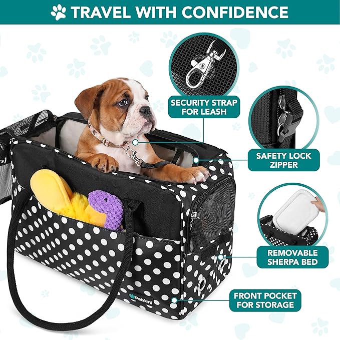PetAmi Dog Purse Carrier for Small Dogs Cats, TSA Airline Approved Soft-Sided Pet Carrier with Pockets, Ventilated Travel Tote Bag with Bed & Shoulder Strap, Puppy Kitten, Max 12 lbs, Polka Dot Black