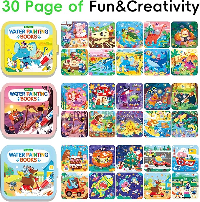 Timetome Reusable Water Painting Books for Kids – 3-Pack Magic Water Reveal Coloring Books with Water Pens (Fairy Tale, Animal & Dinosaur) No-Mess Coloring & Reusable Fun Travel Activity for Ages 3–6