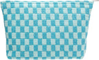 PAZIMIIK Knitted Checkered Makeup Bag Large Zipper Make Up Accessory Pouch for Purse Cosmetic Brush Bag for Travel Essential Lake Blue