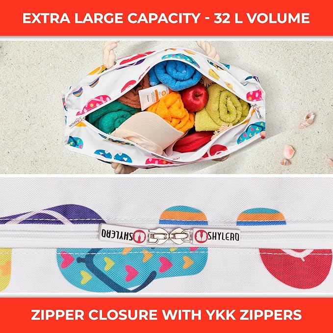 Beach Bag and Pool Bag Has Cooler Pocket, 7 Pockets Total, Zip Top. Family Size Waterproof Beach Tote