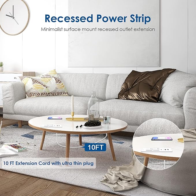 30W USB C Recessed Power Strip,Flat Plug Power Strip,2 Outlets 4 USB Ports,Furniture Flush Mount Desk Outlet,Recessed Outlet for Side Table/Sofa Table,10ft Cord White