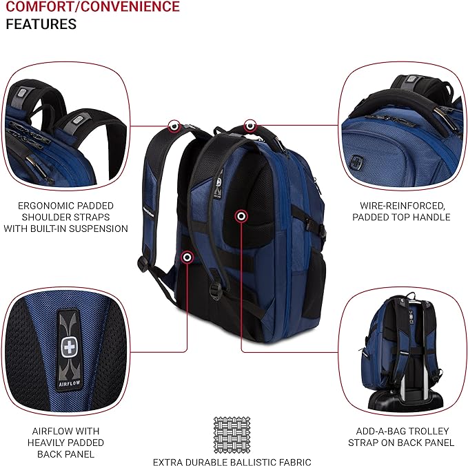 SwissGear Endure ScanSmart Laptop Backpack – TSA Approved Tech Backpack – Fits Most 17" Laptop – Multiple Organizer Pockets – Navy Ballistic
