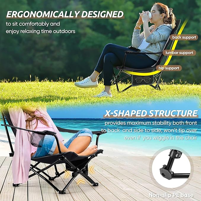 HaSteeL Folding Beach Chair Set of 3, Foldable Black Camping Chairs & Grey Table for Outside, Low Beach Chair Portable for Adults Fishing, Picnic, Outdoor BBQ, Cup Holder & Storage Bag