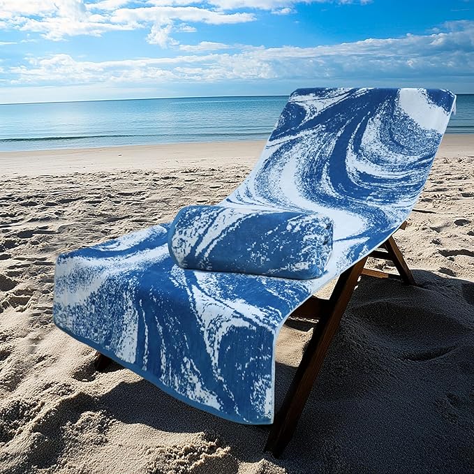 COTTON CRAFT Oversized Beach Towel - 2 Pack 35 x 70 inches XL Beach Towel - Summer Wave - 100% Cotton Jacquard Velour - Big & Huge Thick Plush 450 GSM Super Soft Luxury Towel - Pool Picnic Bath - Blue