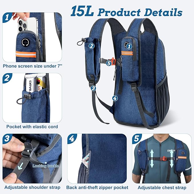 BECOJADDE 15L Small Hiking Backpack for Men Women Foldable Packable Back Pack Ultralight Hiking Daypack for Travel Camping Outdoor, Navy Blue