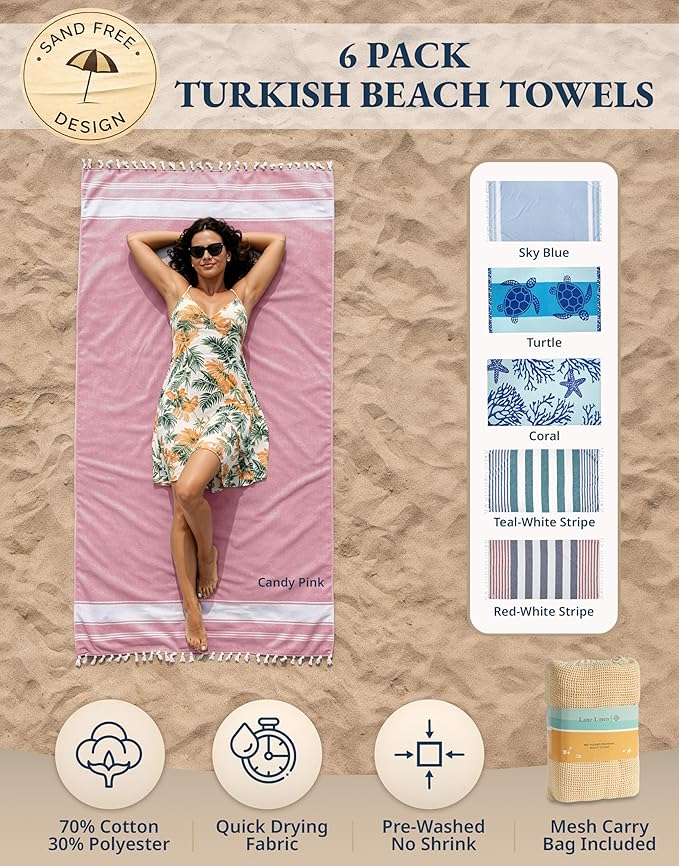 LANE LINEN Turkish Beach Towels Set of 6 – Pre-Washed, Sand-Free, Quick Dry, Lightweight Travel Towels for Women, Soft Bath Beach Towels, 39"x71" – Coastal Bliss