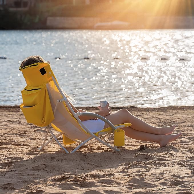 Nice C Beach Chair, Sand Chair, Lake Chairs for Adults with Umbrella and Cooler, Low Beach Chairs High Back, Cup Holder & Carry Bag & Heavy Duty Compact Outdoor, Camping (One Yellow)