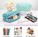 PAZIMIIK Checkered Makeup Bag for Purse Portable Zipper Make Up Pouch Small Cosmetic Case for Travel Accessories Lake Blue