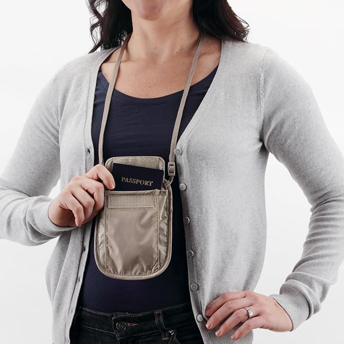eagle creek RFID Blocker Neck Wallet - Durable and Lightweight Travel Passport and Valuables Organizer with Hook and Loop Closure and Adjustable Neck Strap, Tan