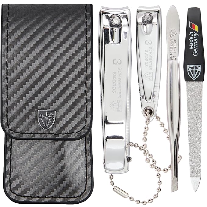 3 Swords Germany - Brand Quality 4 piece Manicure Pedicure Grooming kit Set Tweezers File Clipper Fashion Leather case in Gift Box, Made by 3 Swords