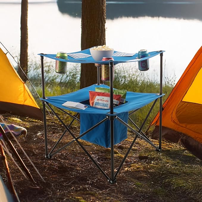 Wakeman Folding Camping Table - Small Folding Table Portable Outdoor Lightweight Tabletop with 4 Cupholders, Food Basket, and Travel Bag for Camp, Beach, or Tailgating Essentials Outdoors (Blue)