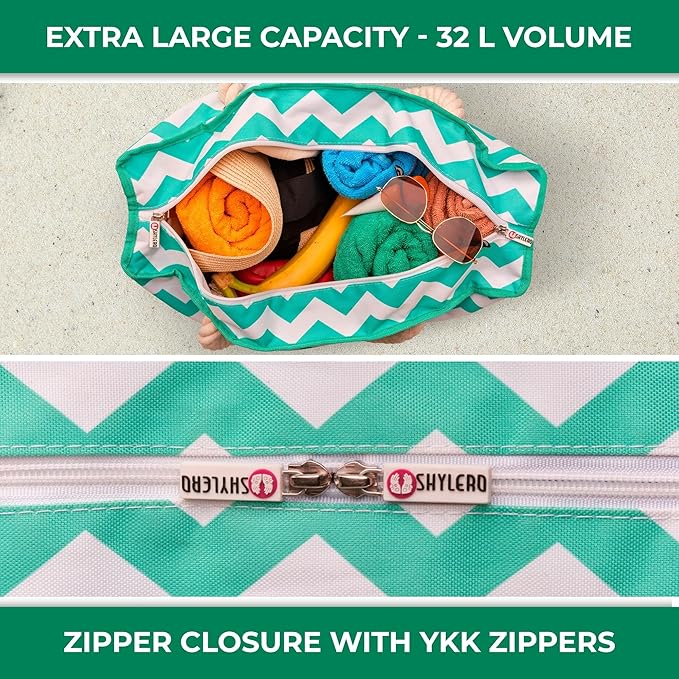 Beach Bag and Pool Bag Has Cooler Pocket, 7 Pockets Total, Zip Top. Family Size Waterproof Beach Tote