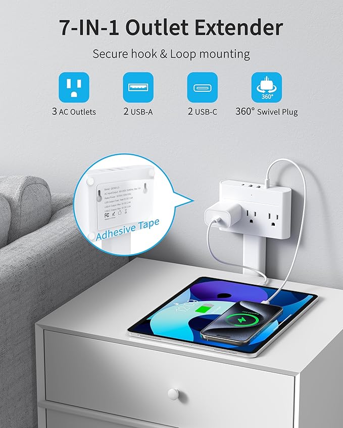 Electrical Outlet Extender Stick-360° Rotating Wall Outlet, Features 3 AC Outlets, 2 USB-A & 2 USB-C, Extends 16"-26", Extendable for Hard-to-Reach Outlets Behind Couches, Nightstands, Desks, and More