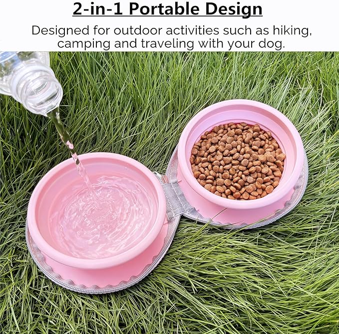 Collapsible Dog Bowls, Portable Dog Bowl, Travel Water Bowl for Dogs Camping Essentials, 2-in-1 Water Food Feeder Double Bowl for Traveling Camping Walking Hiking (Pink)