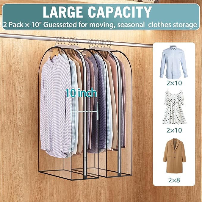 Liuoud Clear Garment Bags for Hanging Clothes10” Gusseted, Suit Bags for Closet Storage, Hanging Plastic Clothes Cover for Coat, Dress, Fur, Shirt, 2 Pack, 40” Long