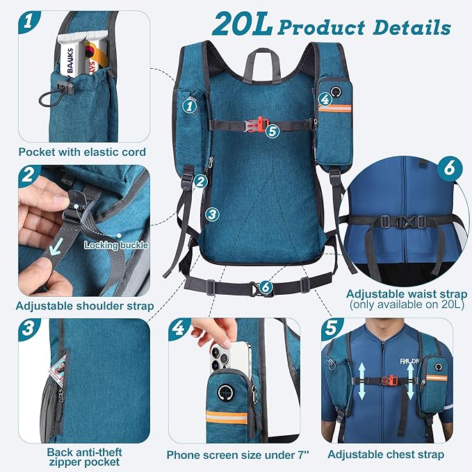 BECOJADDE 20L Small Hiking Backpack for Men Women Foldable Packable Back Pack Ultralight Hiking Daypack for Travel Camping Outdoor, Turquoise