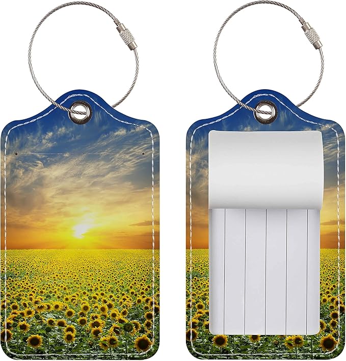 Luggage Tags for Suitcases, 2 Pack Cute PU Leather Suitcase Tag Identifiers TSA Approved with Stainless Steel Loop and Address Card for Baggage Tag for Travel Essentials Sunflowers, by Chelmon