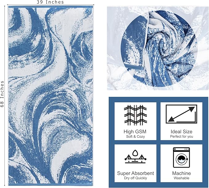 COTTON CRAFT Oversized XL Beach Towel - 2 Pack 39 x 68 inches Summer Wave Big & Huge Beach Blanket Towel - 100% Cotton Jacquard Velour - 450 GSM Super Soft Luxury - Pool Picnic Bath - Surf Blue