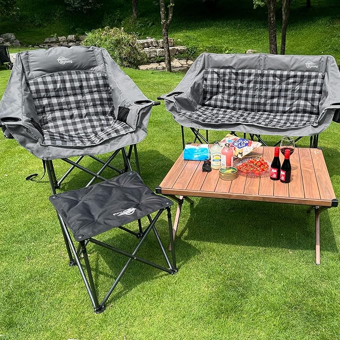 Bolosy Oversized Camping Chairs for Adults Heavy Duty Padded Portable Lawn Chairs Outdoor Folding Chairs XL Camp Chairs with Cup Holder Suproot 500 lbs, Gray Plaid