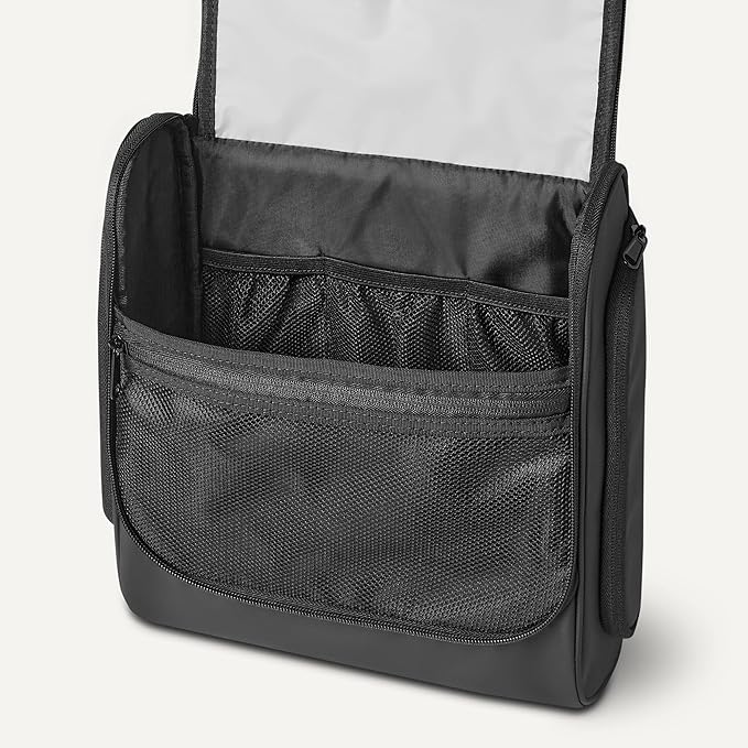 Amazon Essentials Waterproof Travel Toiletry Bag for Men and Women, Hanging Dopp Kit with Multiple Interior Pockets, 2 Side Pockets, Black, 10" x 4" x 10"
