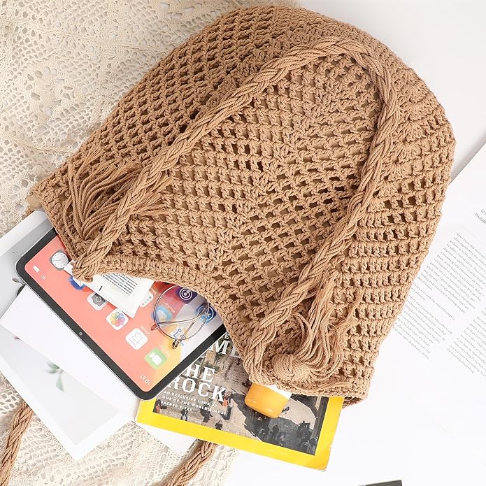 Pleneal Crochet Beach Bag, Summer Woven Tote Bag with Lining, Soft Purse Shoulder Bags for Vacation