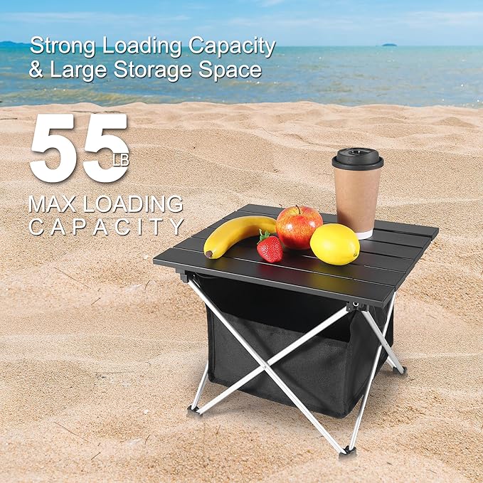 Grope Portable Camping Table Ultralight Aluminum Camp Table with Storage Bag,Beach Table for Sand with Carrying Bag,Prefect for Outdoor,Picnic,BBQ,Cooking,Festival (Black with Storage Bag-M)