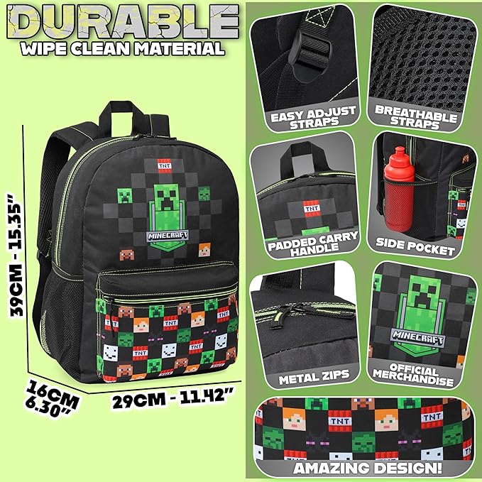 Minecraft Backpack for Boys Kids Teens Adjustable Straps Front Pocket Daypack Backpacks for Sports Gym School Gamer Gifts (Black)