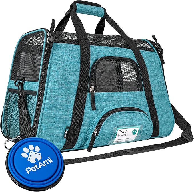 PetAmi Airline Approved Pet Carrier for Cats & Small Dogs, Soft Sided TSA Travel Carrier Bag Sherpa Bed, Breathable Mesh Ventilation, Collapsible Bowl, Fit Under Seat, Up to 18 lbs, Large Heather Blue