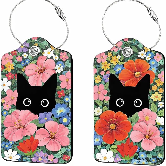 2 Pack Luggage Tag for Suitcase, Cute Unique Leather Bag Tags Identifiers Privacy Cover ID Label with Durable Steel Loop for Women Men Kids Girls Travel (BlackcatskyC)