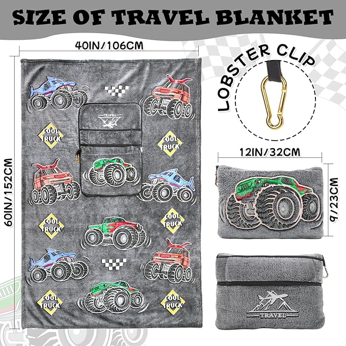 Truck Travel Blanket Pillow, Travel Blanket Airplane Compact with Bag, Pillow Blanket for Kids, Airplane Blanket for Long Flights, Plane & Car Travel Essentials, Glow in The Dark, Camping Outdoor