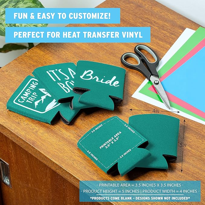 Blank Beer Can Coolers Sleeves (30-Pack) Soft Insulated Beer Can Coolies - HTV Friendly Plain Koolies in Bulk for Beer Cans & Bottles - Coolie Blanks for Vinyl Projects & Wedding Favors (Teal)
