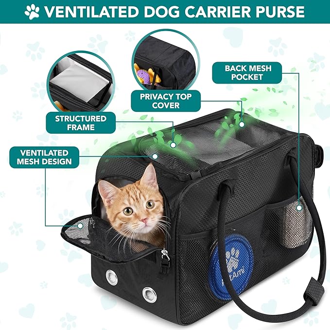 PetAmi Dog Purse Carrier for Small Dogs Cats, TSA Airline Approved Soft-Sided Pet Carrier with Pockets, Ventilated Travel Tote Bag with Bed & Shoulder Strap, Puppy Kitten, Max 12 lbs, Black