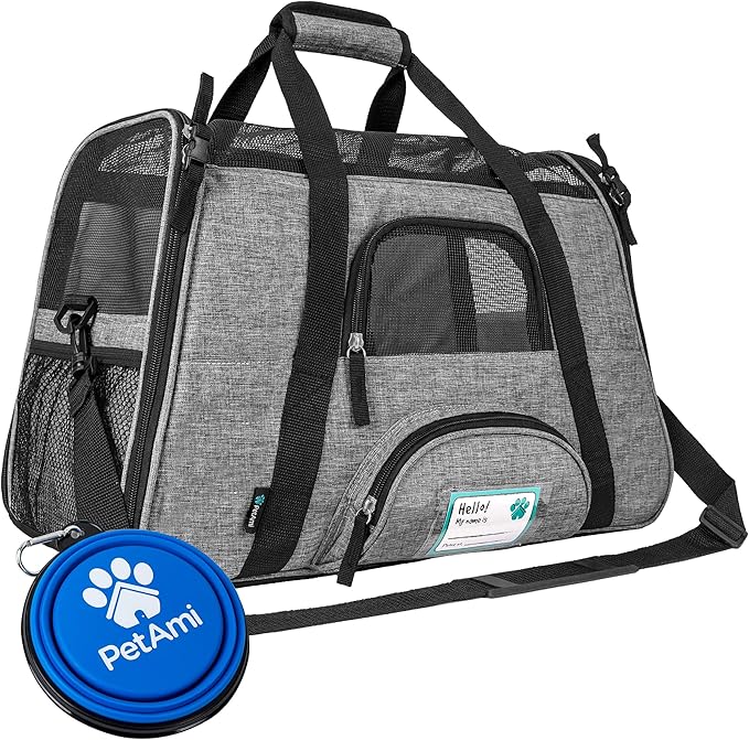 PetAmi Airline Approved Pet Carrier for Cats & Small Dogs, Soft Sided TSA Travel Carrier Bag Sherpa Bed, Breathable Mesh Ventilation, Collapsible Bowl, Fit Under Seat, Up to 18 lbs, Large Heather Gray