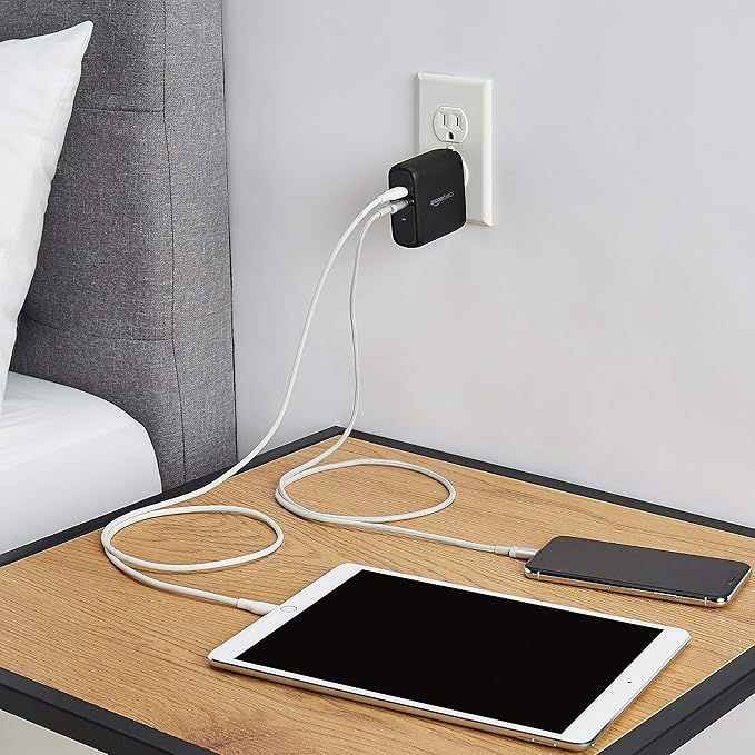 Amazon Basics 68W Two-Port GaN Wall Charger with 2 USB-C Ports (60W, 18W) with PD for Laptops, Tablets & Phones (iPhone 16/15/14/13/12/11/X, iPad, MacPro, Samsung, More), Non-PPS, Black